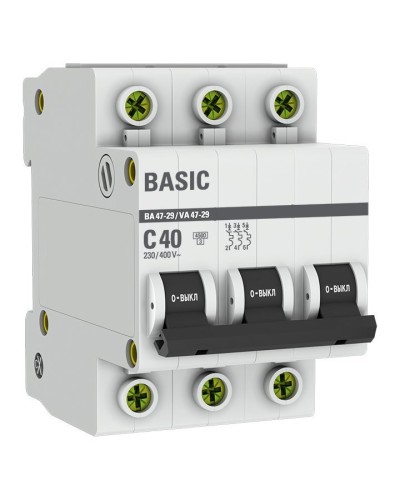 Автоматический выключатель 3P 40А (C) 4,5кА ВА 47-29 Basic (mcb4729-3-40C). Автоматический выключатель. EKF в Назрани