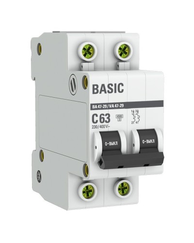 Автоматический выключатель 2P 63А (C) 4,5кА ВА 47-29 Basic (mcb4729-2-63C). Автоматический выключатель. EKF в Назрани