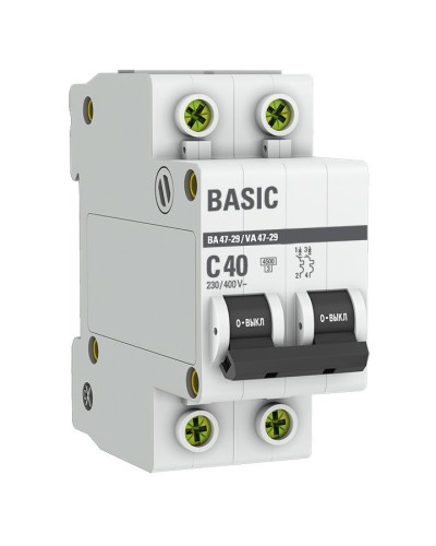 Автоматический выключатель 2P 40А (C) 4,5кА ВА 47-29 Basic (mcb4729-2-40C). Автоматический выключатель. EKF в Назрани