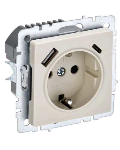 Розетка с з/к с USB A+C 18Вт РЮш11-1-БрКр бежевый BRITE (BR-R14-16-U22-018-K10). Розетка с заземлением с защитными шторками, 18Вт. IEK в Назрани