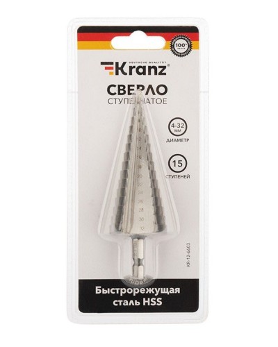 Сверло по металлу ступенчатое 4,0-32,0 мм 102 mm 62 HRC Kranz (KR-12-6603): Сверло по металлу шлифованное в Назрани